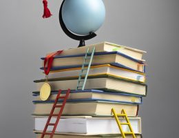 front-view-stacked-books-graduation-cap-ladders-education-day